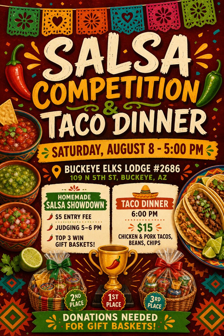 Flyer for Salsa Competition & Taco Dinner - Sat, Aug 8 at Buckeye Elks Lodge No. 2686